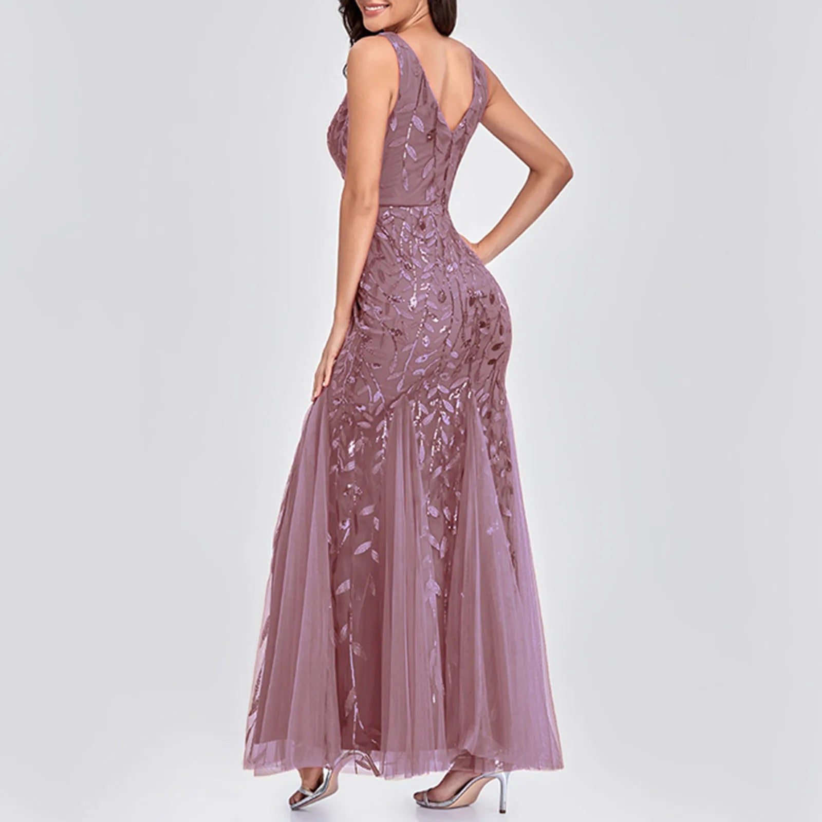 New Square-Collar Sequined Long-Sleeve Ruffle Hem Bodycon Evening Party Vestidos Dress Pink / S