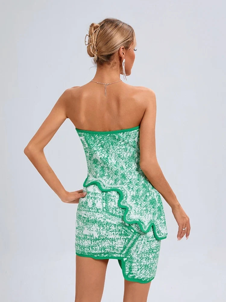 Summer Sexy Asymmetric Strapless Top Mini Skirts Two Piece Christmas Party Dress Dresses-L