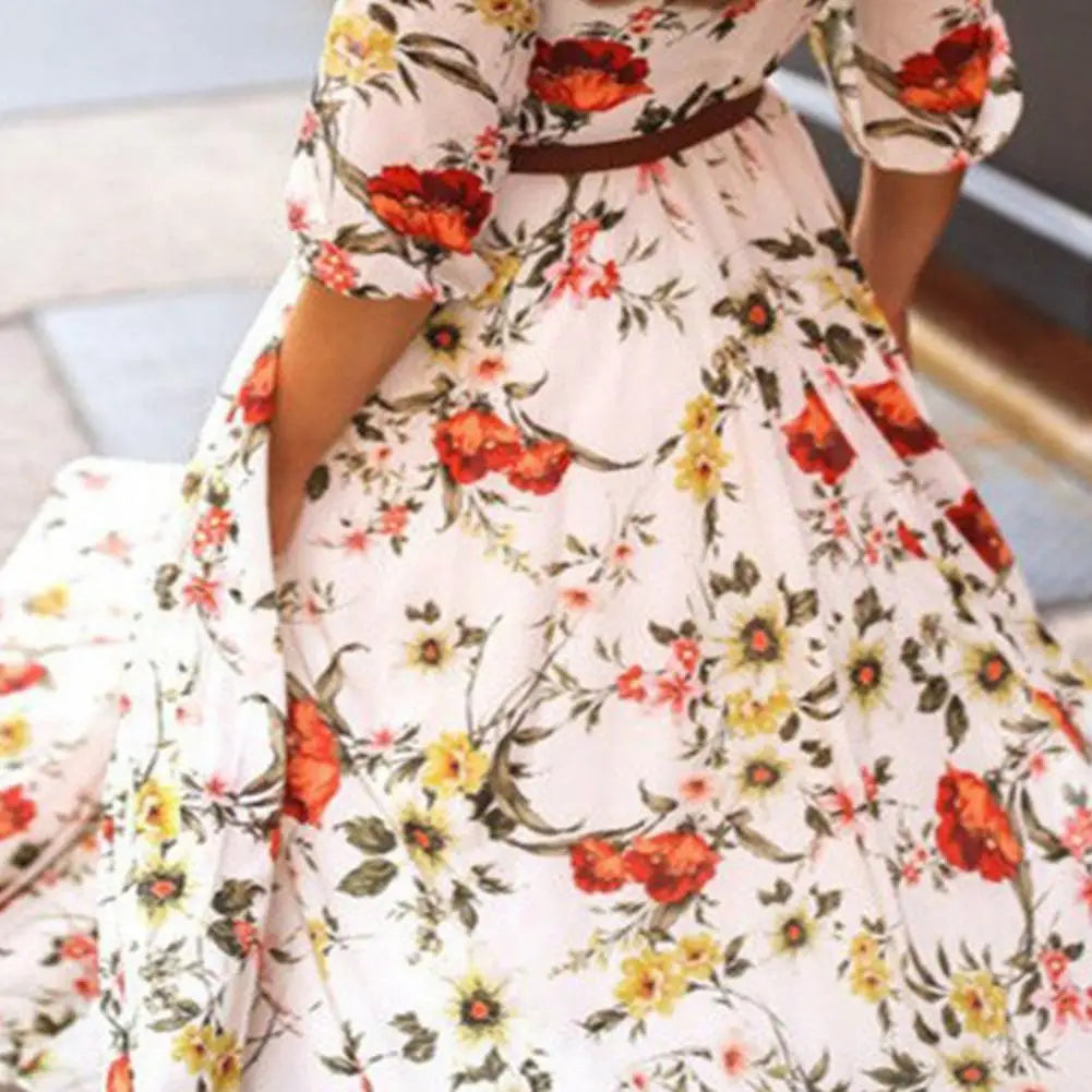 Maxi Dress Flower Print Pleated Swing Evening Dress floraldress-250126