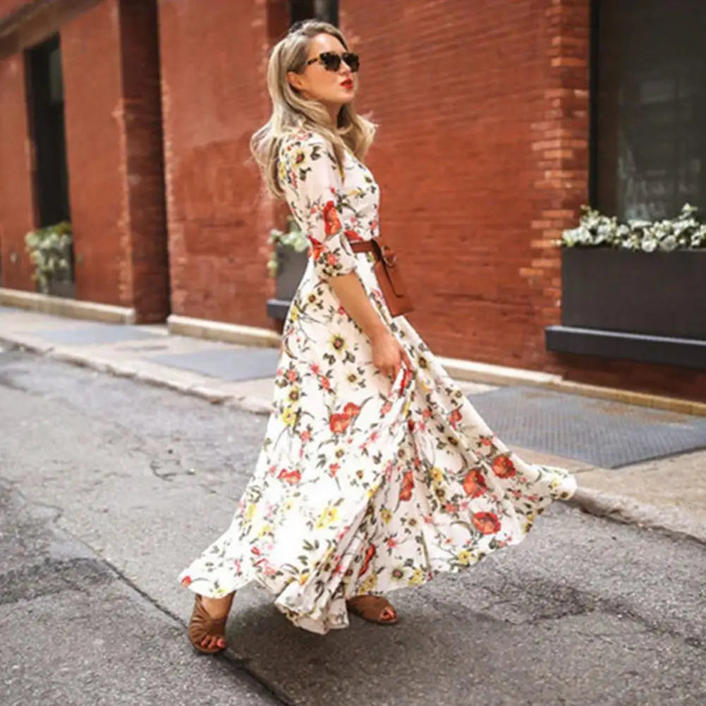 Maxi Dress Flower Print Pleated Swing Evening Dress floraldress-250126