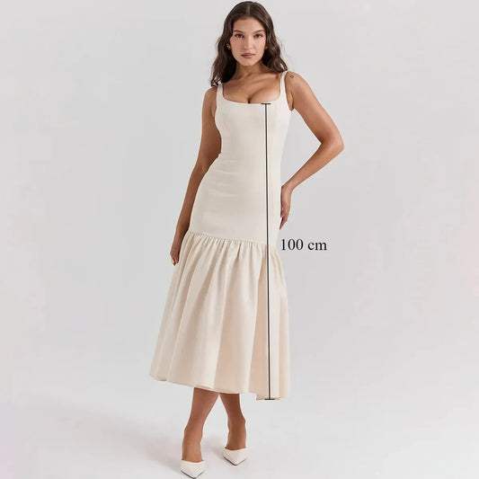 Elegant Red Spaghetti Strap Midi Holiday Dress Casual Birthday Party Dresses Christmas Creamy-White