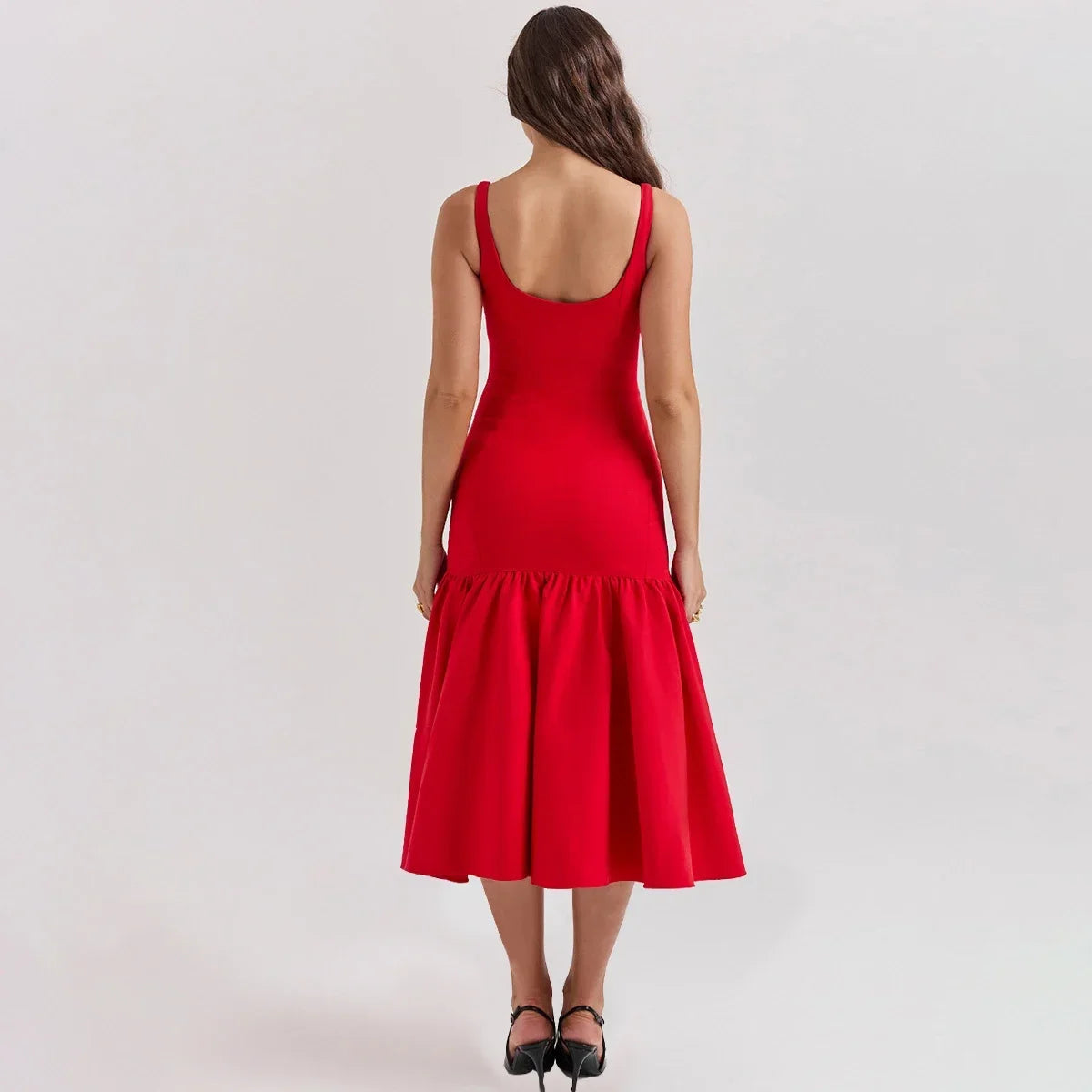Elegant Red Spaghetti Strap Midi Holiday Dress Casual Birthday Party Dresses Christmas Dresses-L