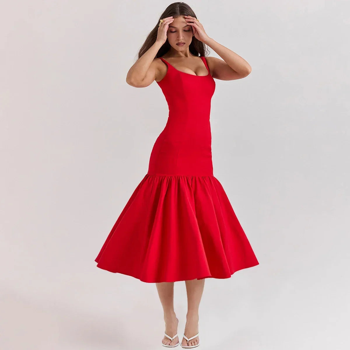 Elegant Red Spaghetti Strap Midi Holiday Dress Casual Birthday Party Dresses Christmas Dresses-L