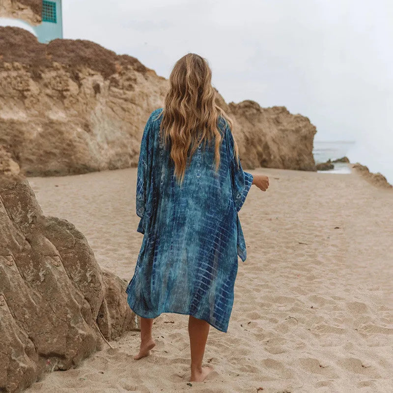 Blue Cotton Print Boho Kimono Bikini Cover Up Blue / One Size bohocoverup-250126