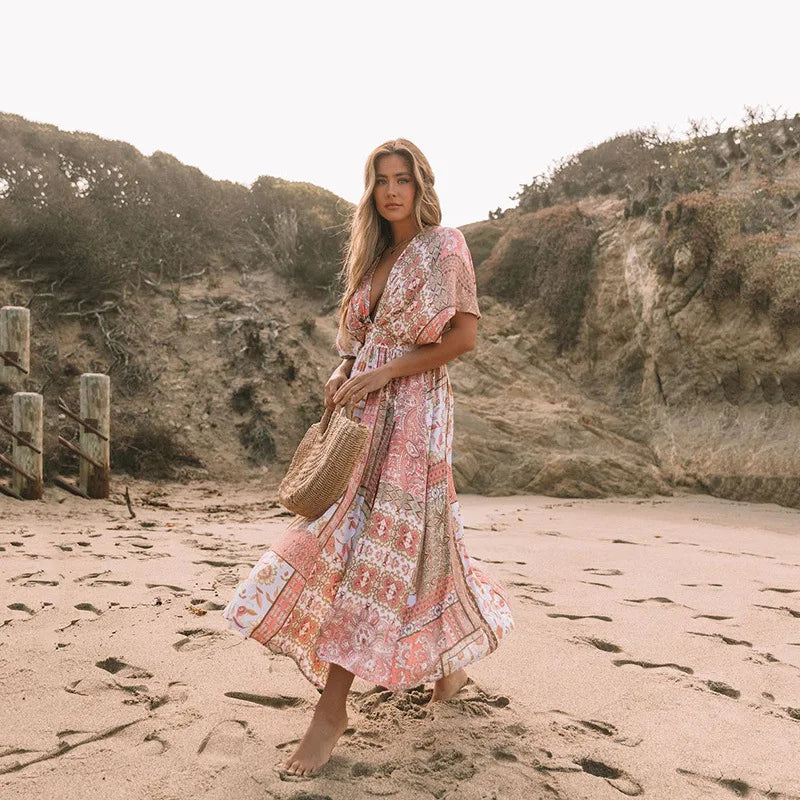 Floral Print Smock Frock Bikini Cover-Up bohodress-250126