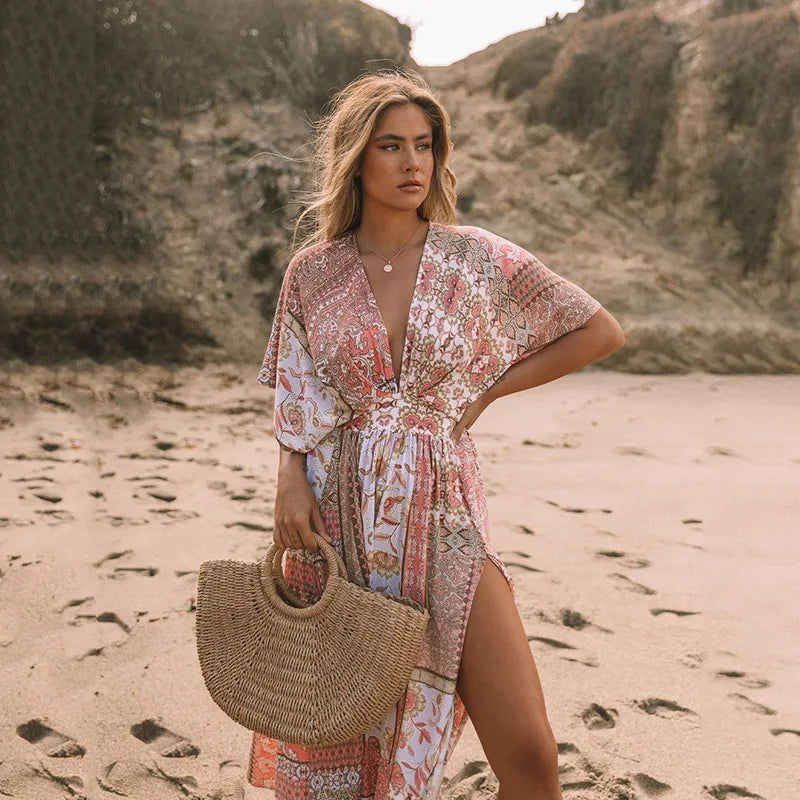 Floral Print Smock Frock Bikini Cover-Up Pink / S bohodress-250126