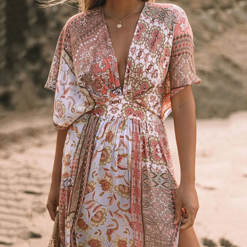 Floral Print Smock Frock Bikini Cover-Up bohodress-250126