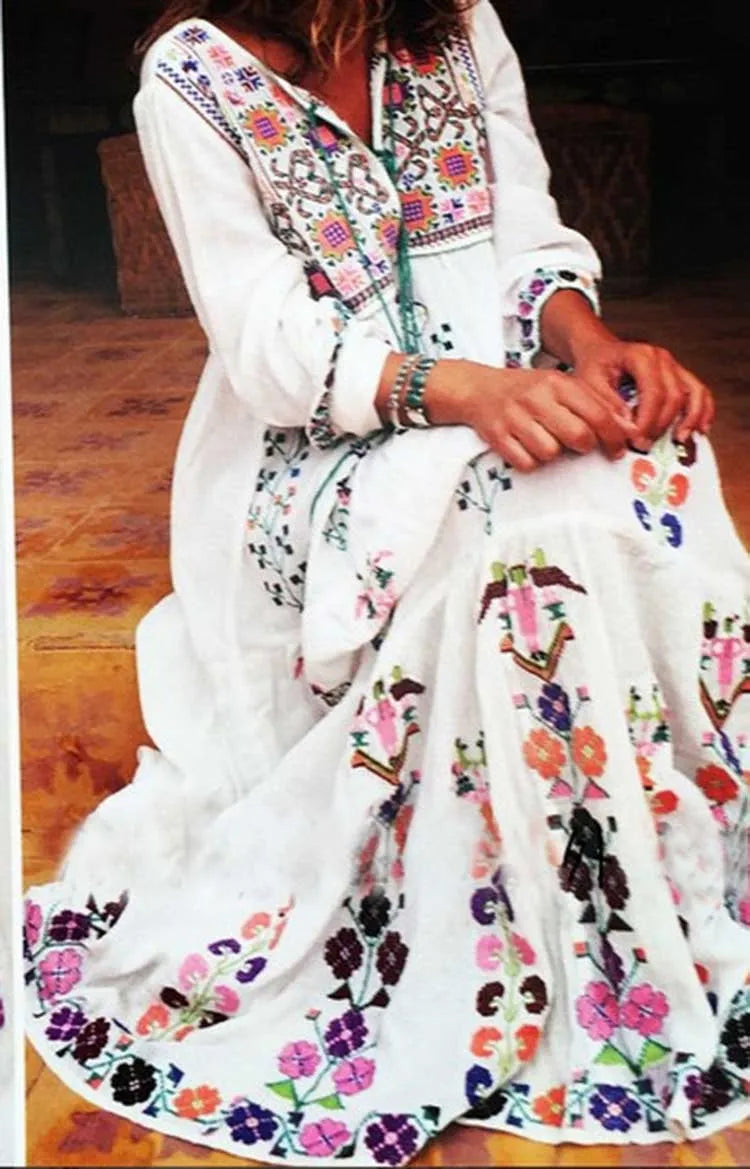 Cotton Floral Embroidered Maxi Dress WHITE / S bohodress-250126