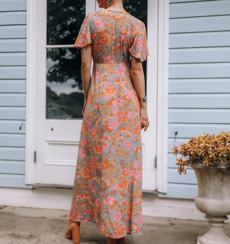 Cotton Orange Floral Boho Dress bohodress-250126