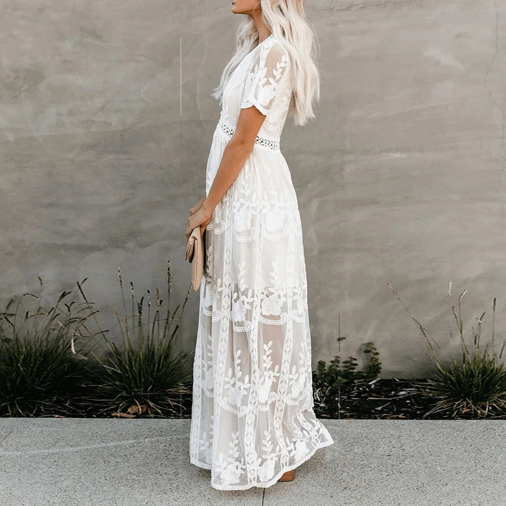 Lace Maxi Dress Vintage White Deep V-neck Summer Dress bohodress-250126