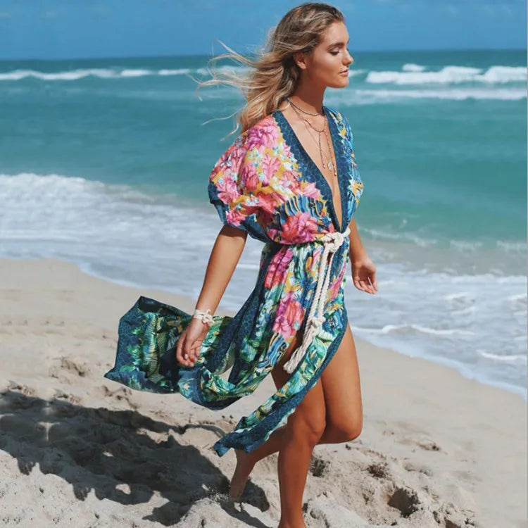 Side Split Kaftan Floral Print Boho Cover up foral pirnt / One Size bohocoverup-250126