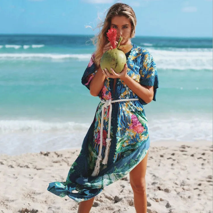 Side Split Kaftan Floral Print Boho Cover up foral pirnt / One Size bohocoverup-250126