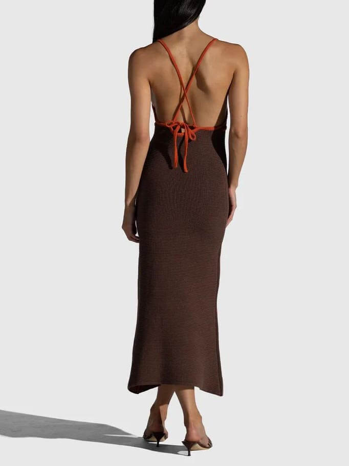 Knitted Suspender Halterneck V-Neck Graceful Backless Sexy Midi Dress Dresses