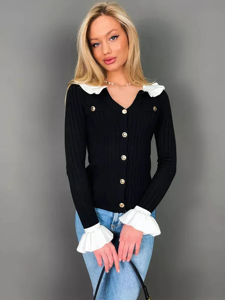 Elegant Patchwork Ruffle Long Sleeve Cardigan