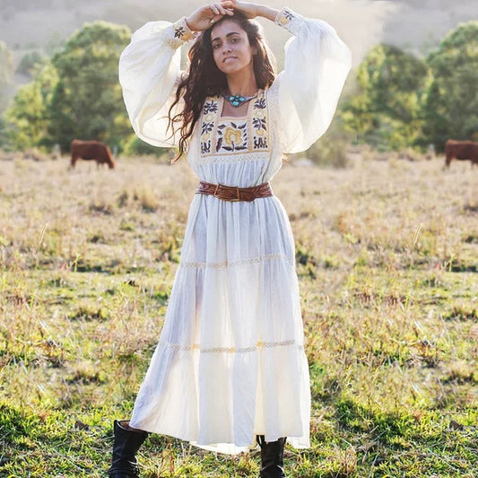 Tunic Dress Cotton Rayon Floral Embroidery Beige / One Size bohodress-250126