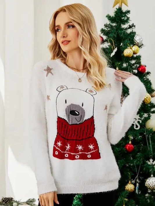 Christmas Cartoon Bear Embroidery Holiday Sweater White / S Sweaters-L