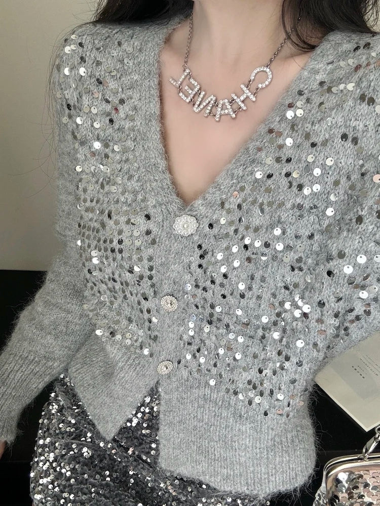 V-Neck Gray Sequin Short Knit Cardigan Cardigan-241208