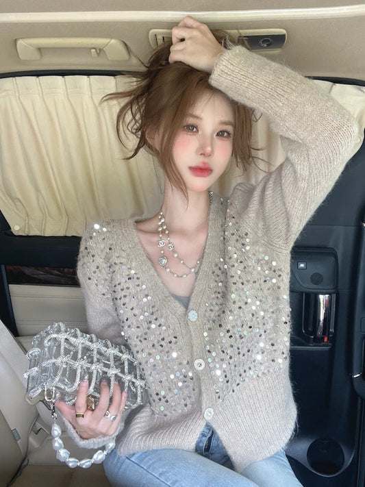 V-Neck Gray Sequin Short Knit Cardigan Cardigan-241208