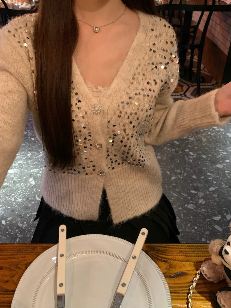 V-Neck Gray Sequin Short Knit Cardigan Cardigan-241208
