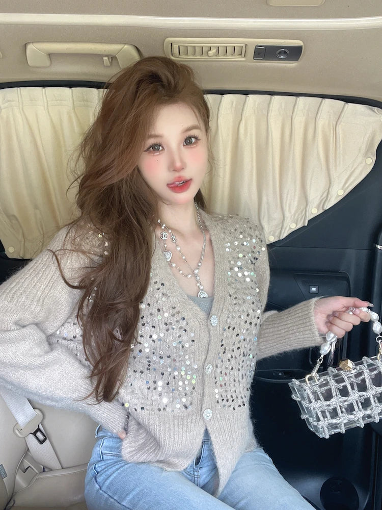 V-Neck Gray Sequin Short Knit Cardigan Cardigan-241208