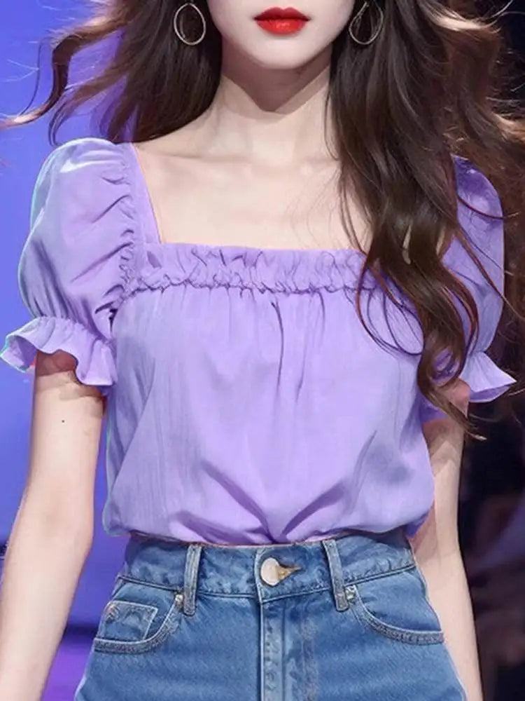 Solid Color Ruffled Square Neck Short Sleeve Blouse PURPLE / S blouse-250126