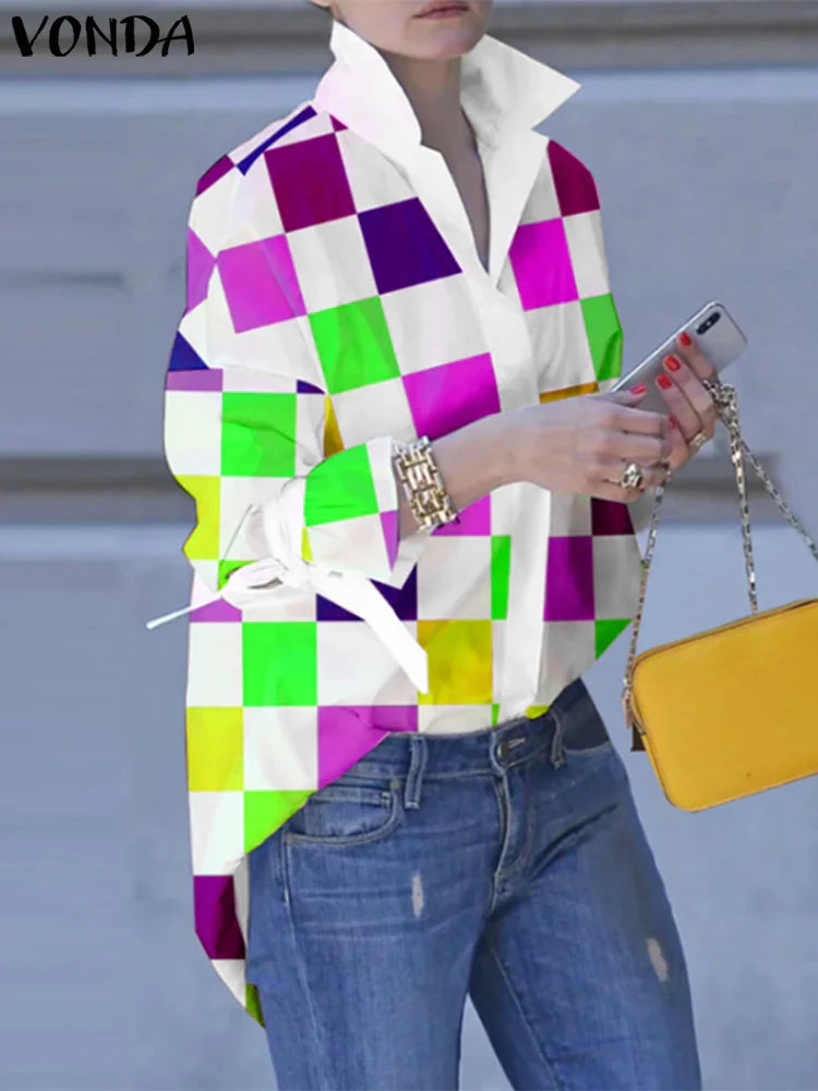 Plus Size Patchwork Plaid Turn-down Collar Blouse Green / 0XL blouse-250126