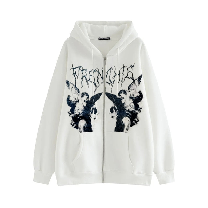 Vintage Printed Zip Up Hoodie Sweatshirts & Hoodies-L