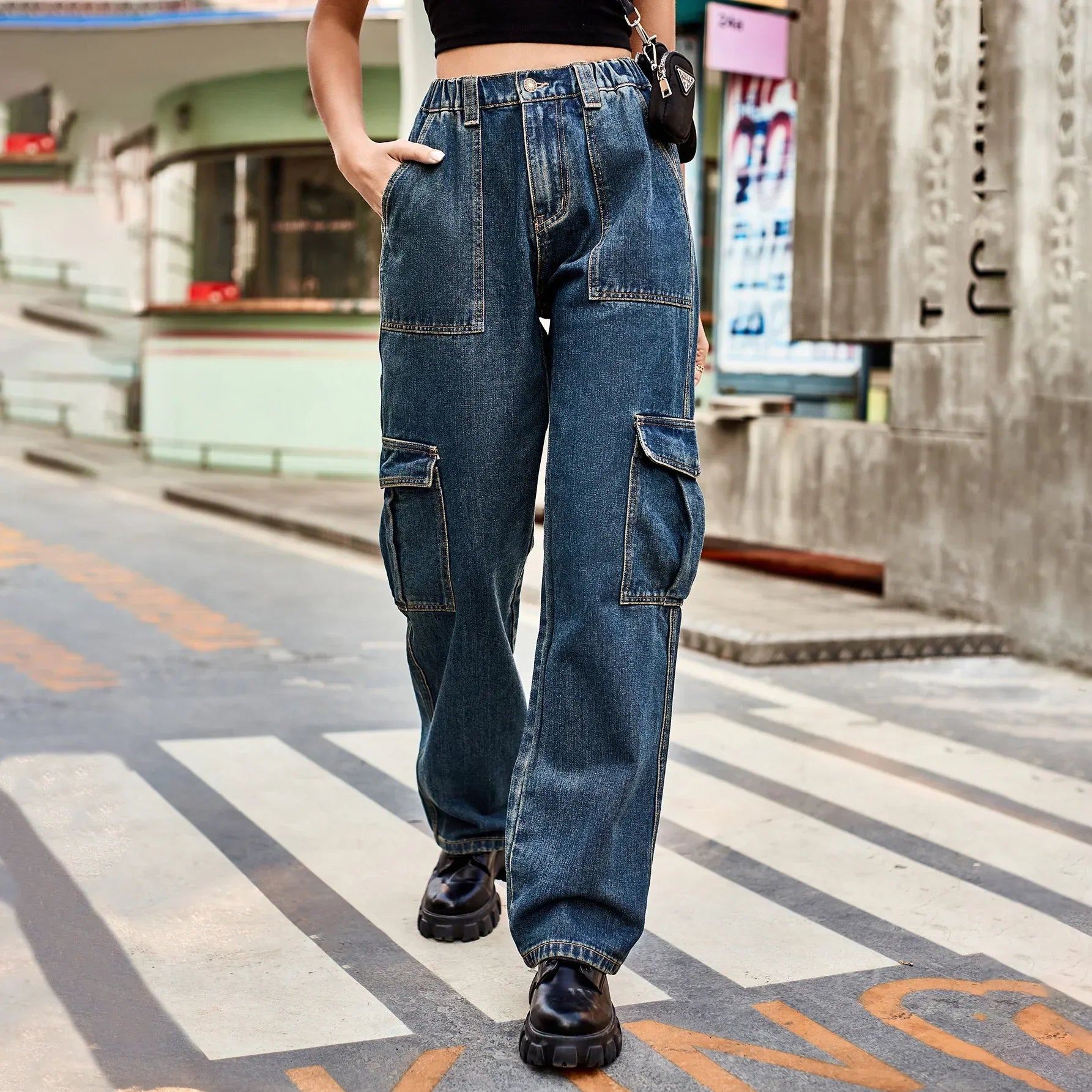 Vintage Streetwear High Waist Women American Fashion Blue Wide Leg Trouser Female Baggy Straight