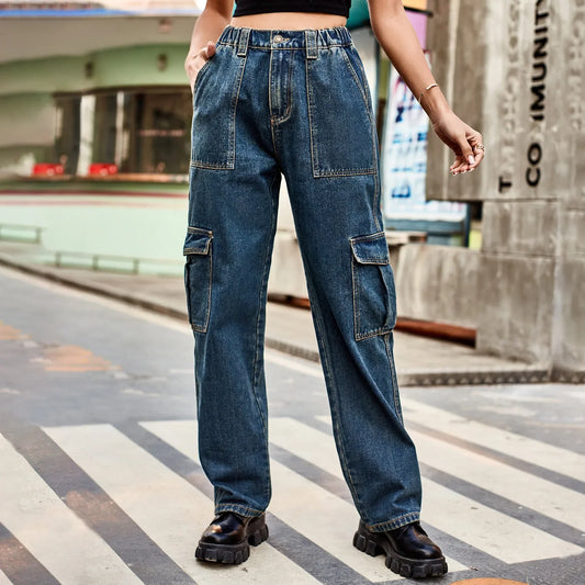 Vintage Streetwear High Waist Women American Fashion Blue Wide Leg Trouser Female Baggy Straight