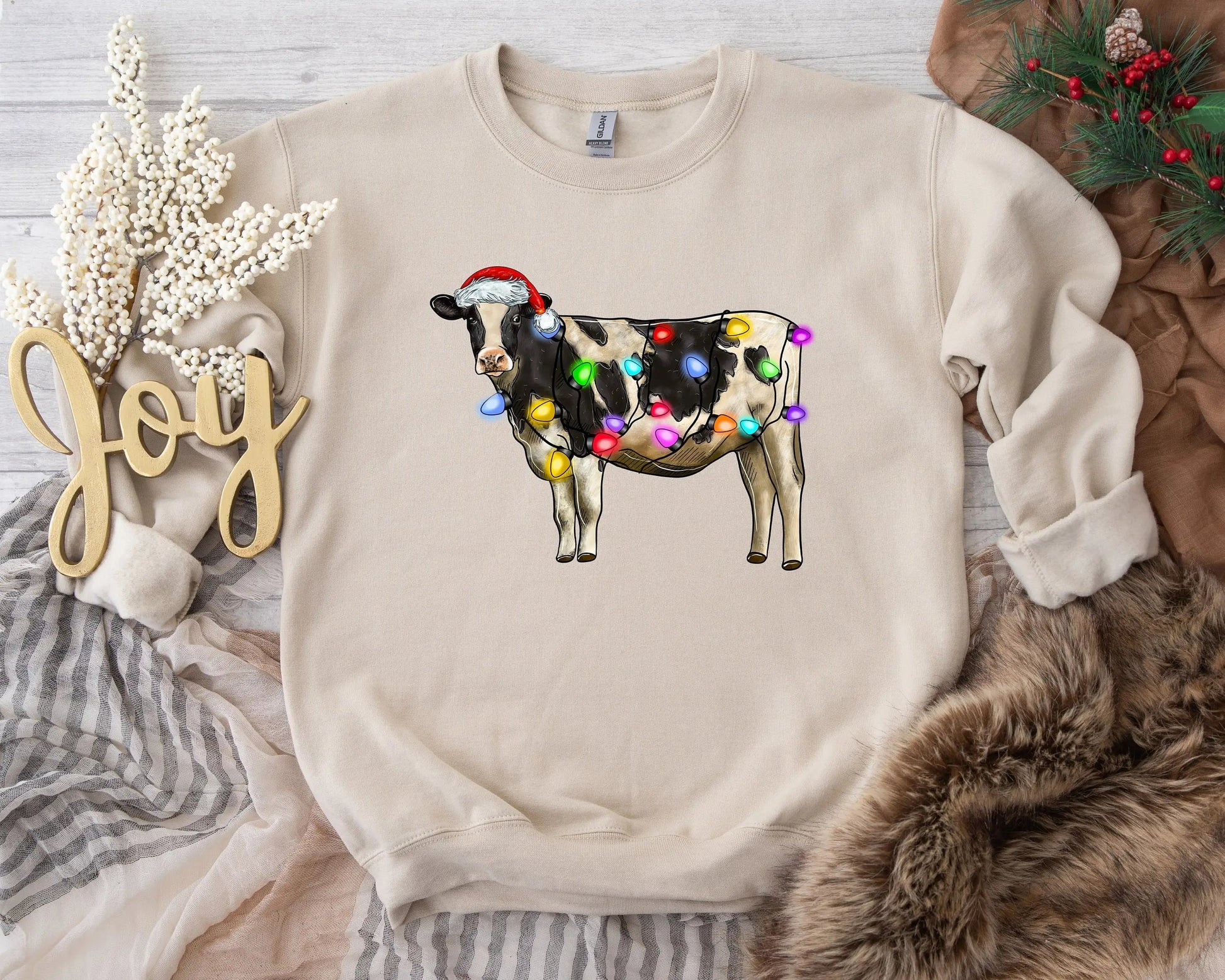 Christmas Cow Lights Hoodie - Farm Sports Model Creamy-White / S Hoodies-L