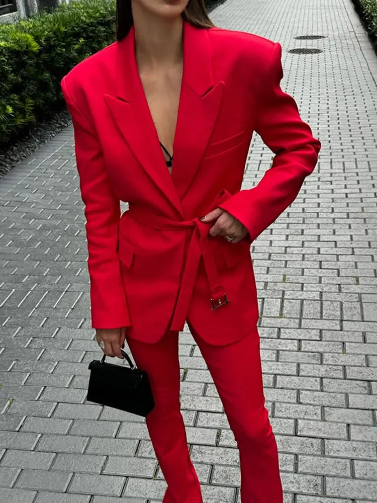 Red Flip Collar Lace-Up Coat Coats-241208