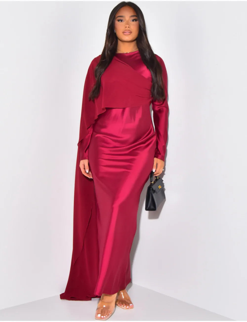 Elegant Solid Color Round Neck High Waist Swing Red Christmas Party Dress / S Dresses-L