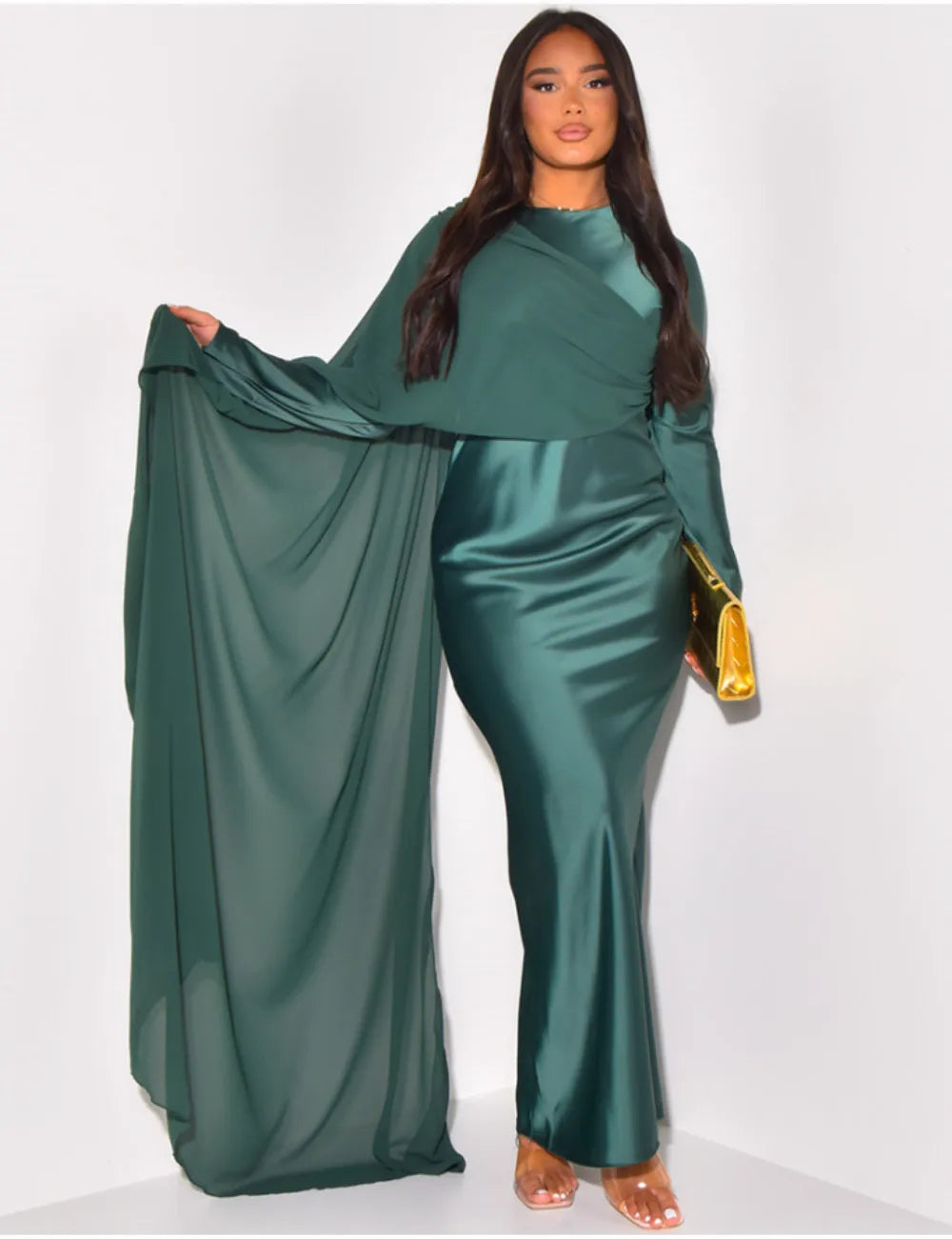 Elegant Solid Color Round Neck High Waist Swing Red Christmas Party Dress Green / S Dresses-L