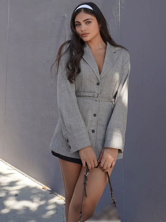 Solid Suit Coat with Belt V-neck Lapel Coat Grey / S