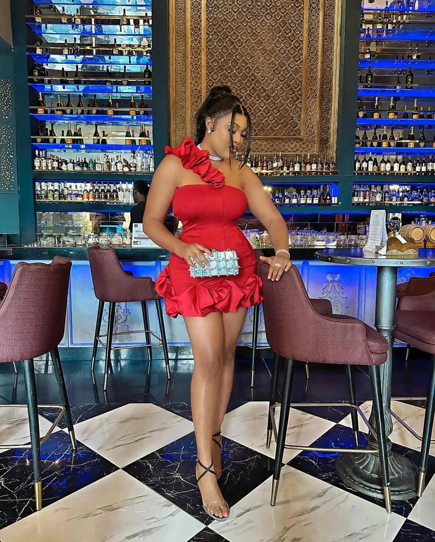 Elegant A-Line Backless One-Shoulder Red Christmas Party Dress Dresses-L