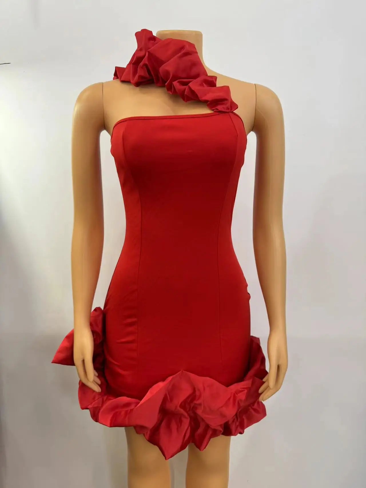 Elegant A-Line Backless One-Shoulder Red Christmas Party Dress Dresses-L