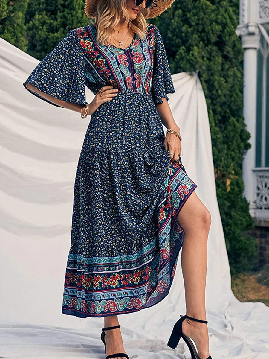 Retro Floral Print V-neck Boho Sundress bohodress-250126