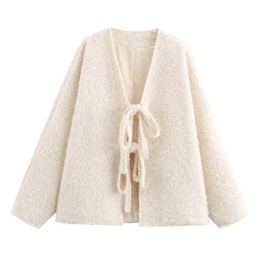 Lace-Up Bow Brown Cardigan Beige / S Cardigan-241208