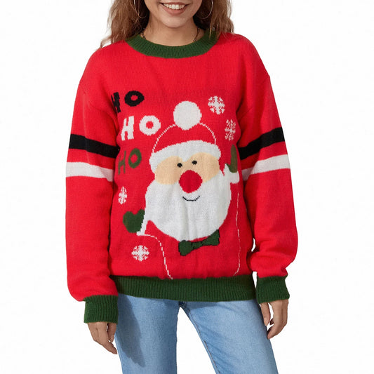 Christmas Santa Jacquard Patchwork Long Sleeve Crew Neck Loose Sweater Red / S Sweaters-L