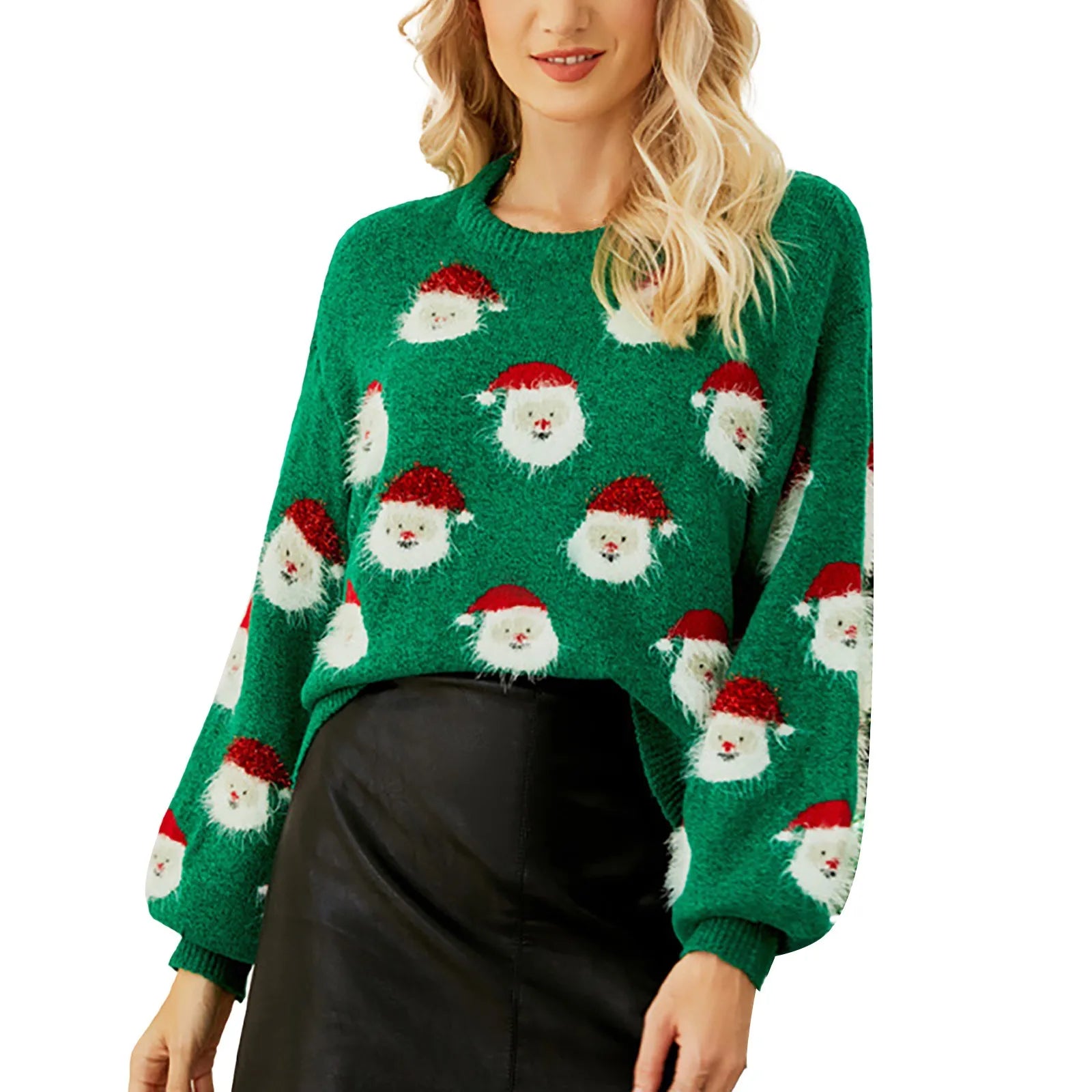 Cute Santa Head Pattern Winter Fleece Crewneck Christmas Sweater Green / S Sweaters-L