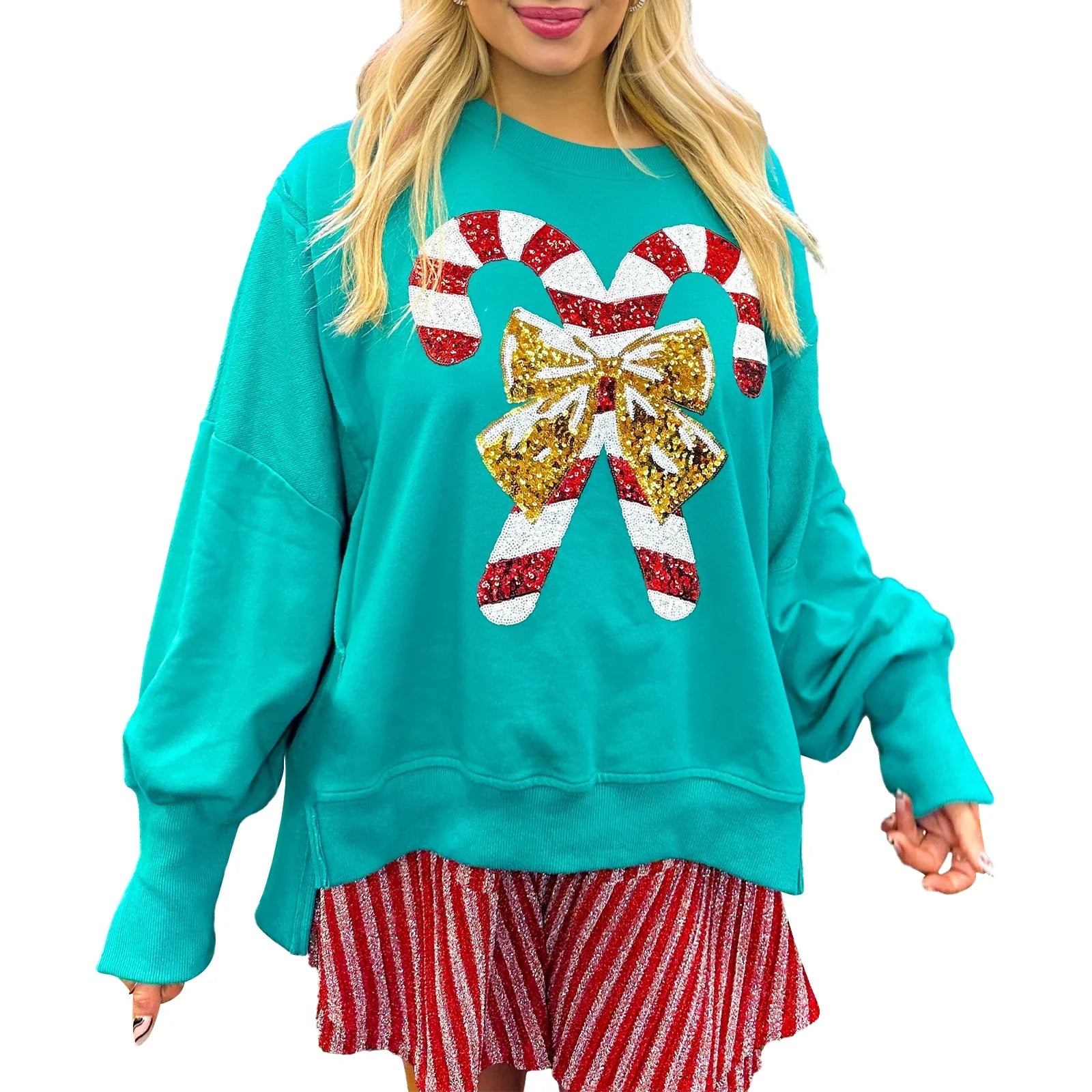 Christmas Sequin Candy Cane Holiday Oversized Side Slit Sparkly Pullover Hoodie Green / S Hoodies-L