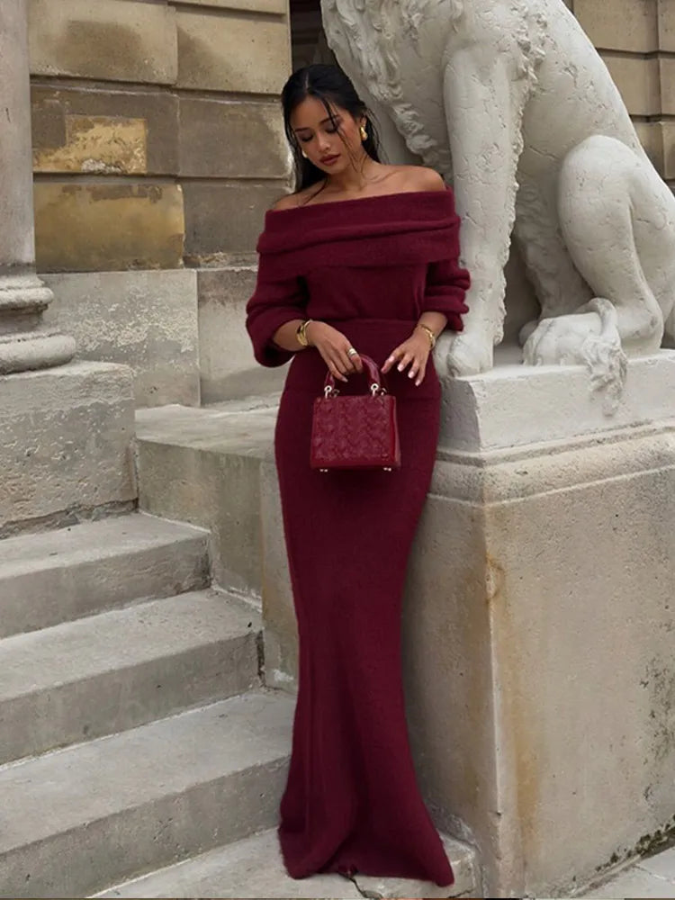 Elegant Off Shoulder Fold Knit Long Sleeve Tight Red Christmas Party Dress Dresses-L