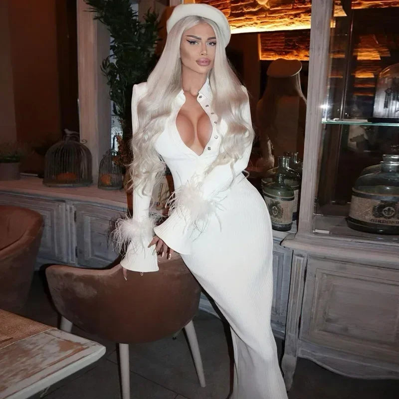 French Y2K Feather Polo Collar Party Dress Partydress-241208