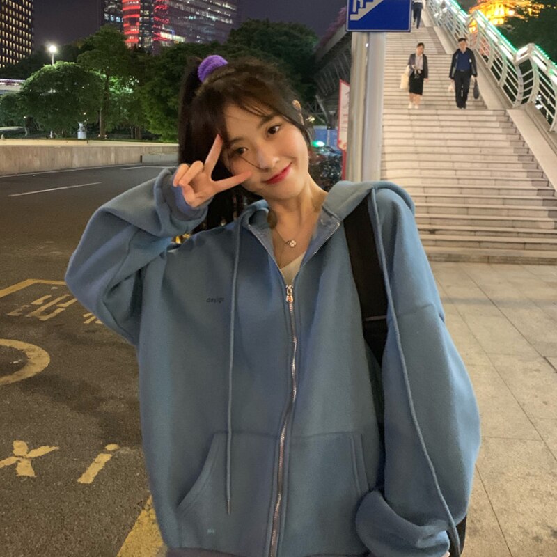 Korean Version Zip Up Loose Oversized Hoodie Sweatshirts & Hoodies-L
