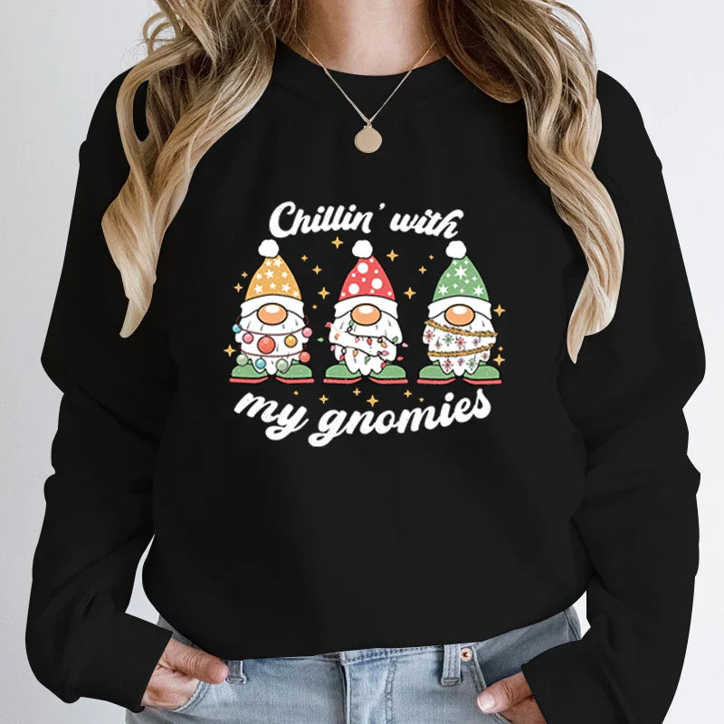 Hoodless Light Chillin’ Gnomies Round Neck Pullover Christmas Hoodie Black / S Hoodies-L