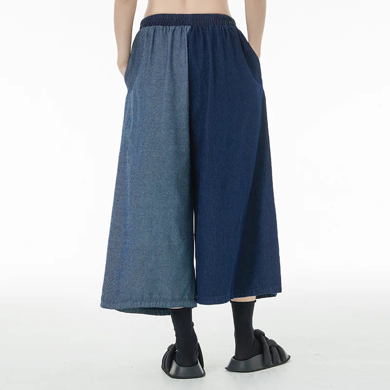 Women Patchwork Casual Denim High Elastic Waist Personality Fashion Loose Wide Leg Korea 2024