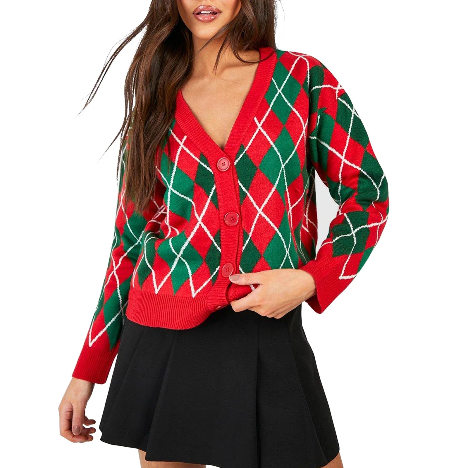 Christmas Sweater Button Diamond Cardigan Red / S Cardigan-241208