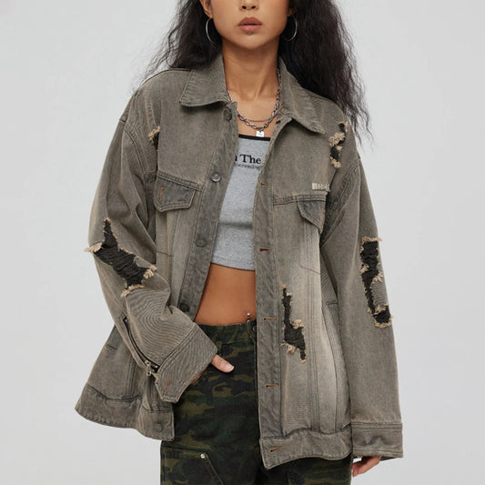 Distressed Denim With Collar Vintage Large Pockets Chic Stylish Elegant Fashionable Versatile
