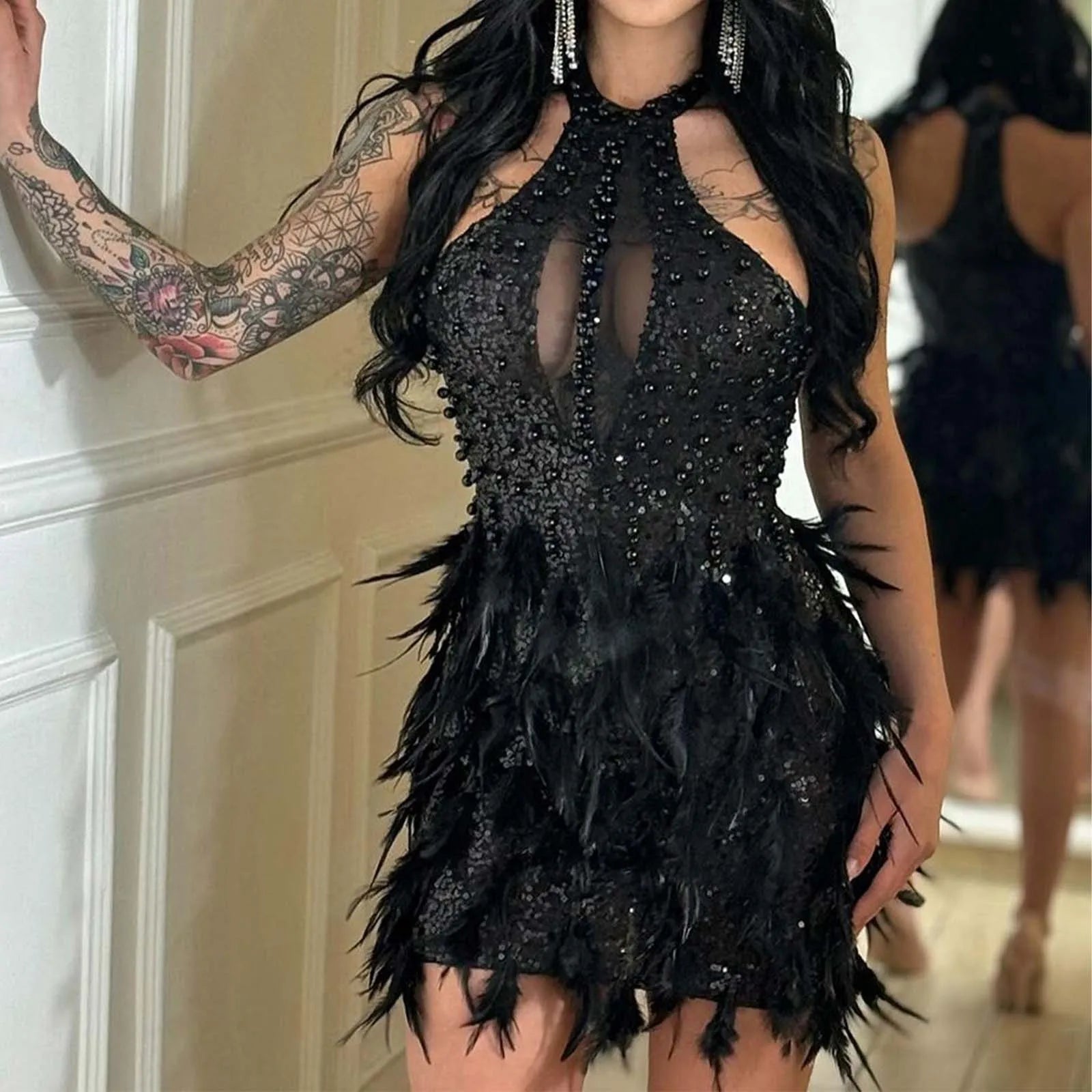 See Through Feather Bodycon Party Dress Partydress-241208