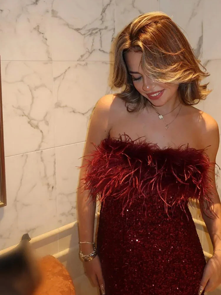 Feather Collar Glitter Maxi Party Dress Partydress-241208